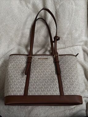 Michael Kors Beige/ Brown Signature MK Tote with Leather Trim